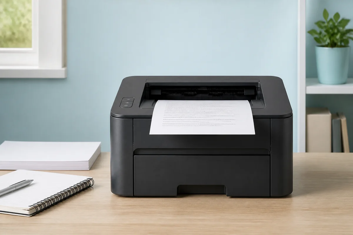 Impresora láser monocromo compacta imprimiendo una hoja de texto